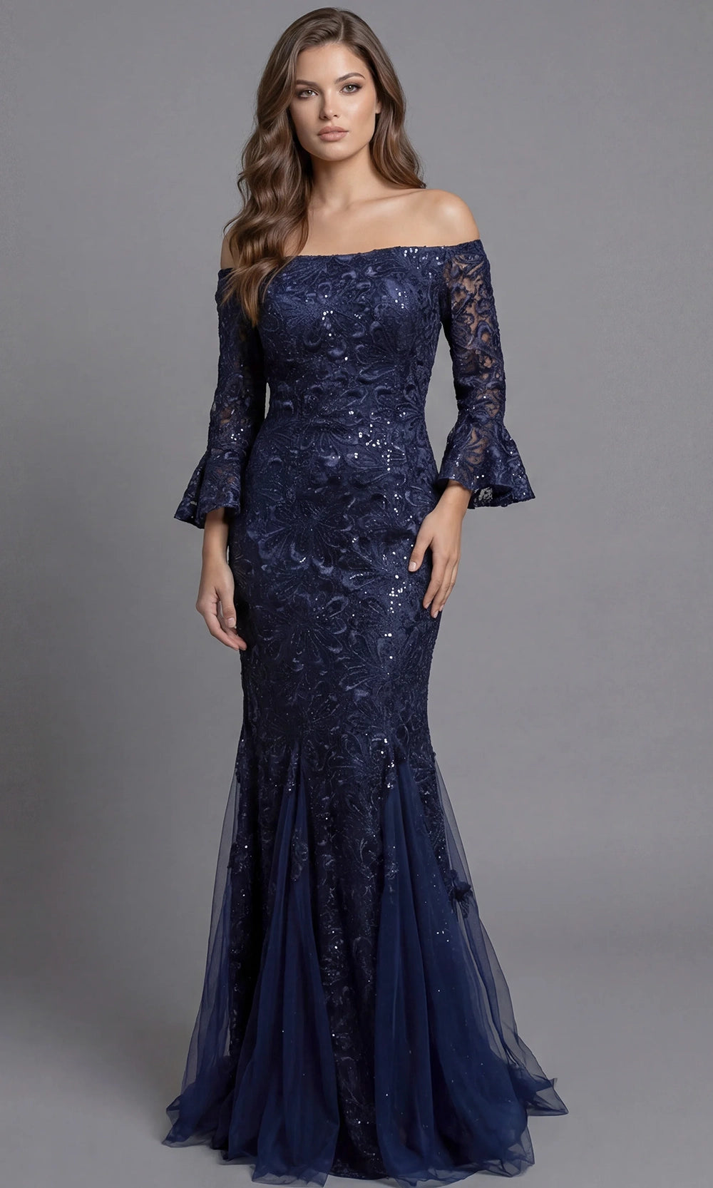 Jovani 40155 - Allover Lace Three-Quarter Bell Sleeve Gown - designer mother of the bride dress at Silhouette Dresses
