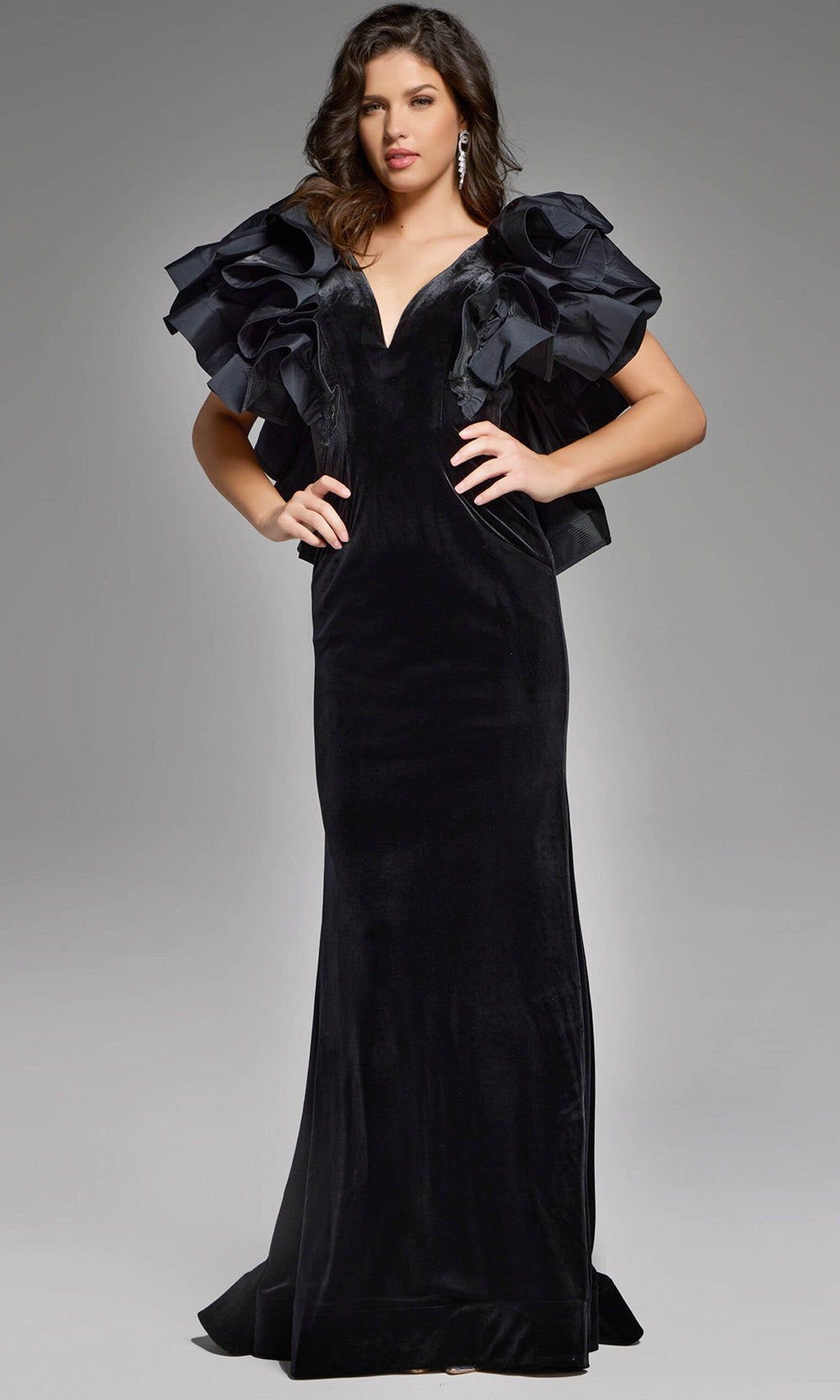 Jovani 40289 - Ruffled Sleeve Velvet Evening Gown - designer prom dress at Silhouette Dresses