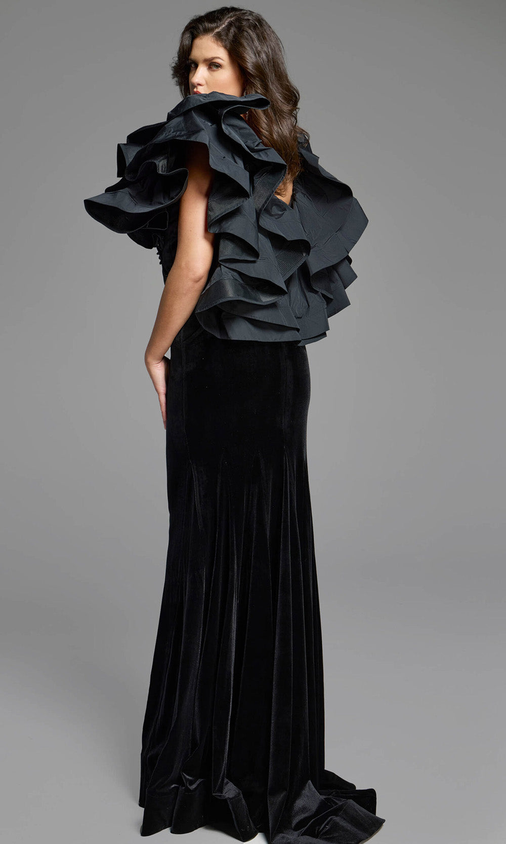 Jovani 40289 - Ruffled Sleeve Velvet Evening Gown - back view