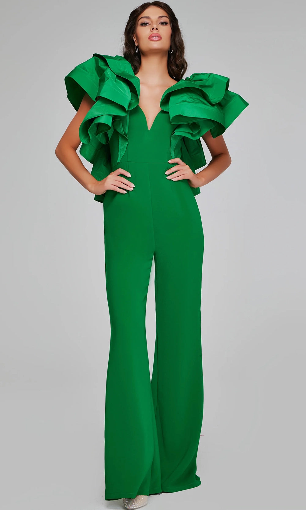 Jovani 40291 - Layered Ruffle Sleeve Wide Leg Jumpsuit - back view