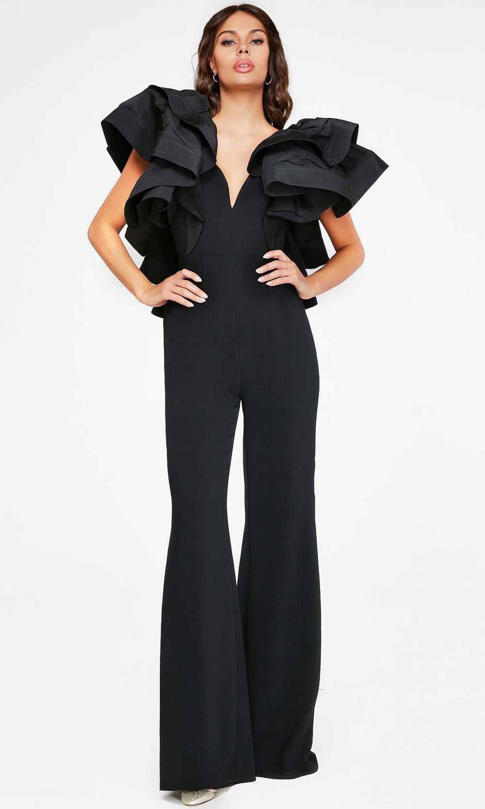 Jovani 40291 - Layered Ruffle Sleeve Wide Leg Jumpsuit - designer formal gown at Silhouette Dresses