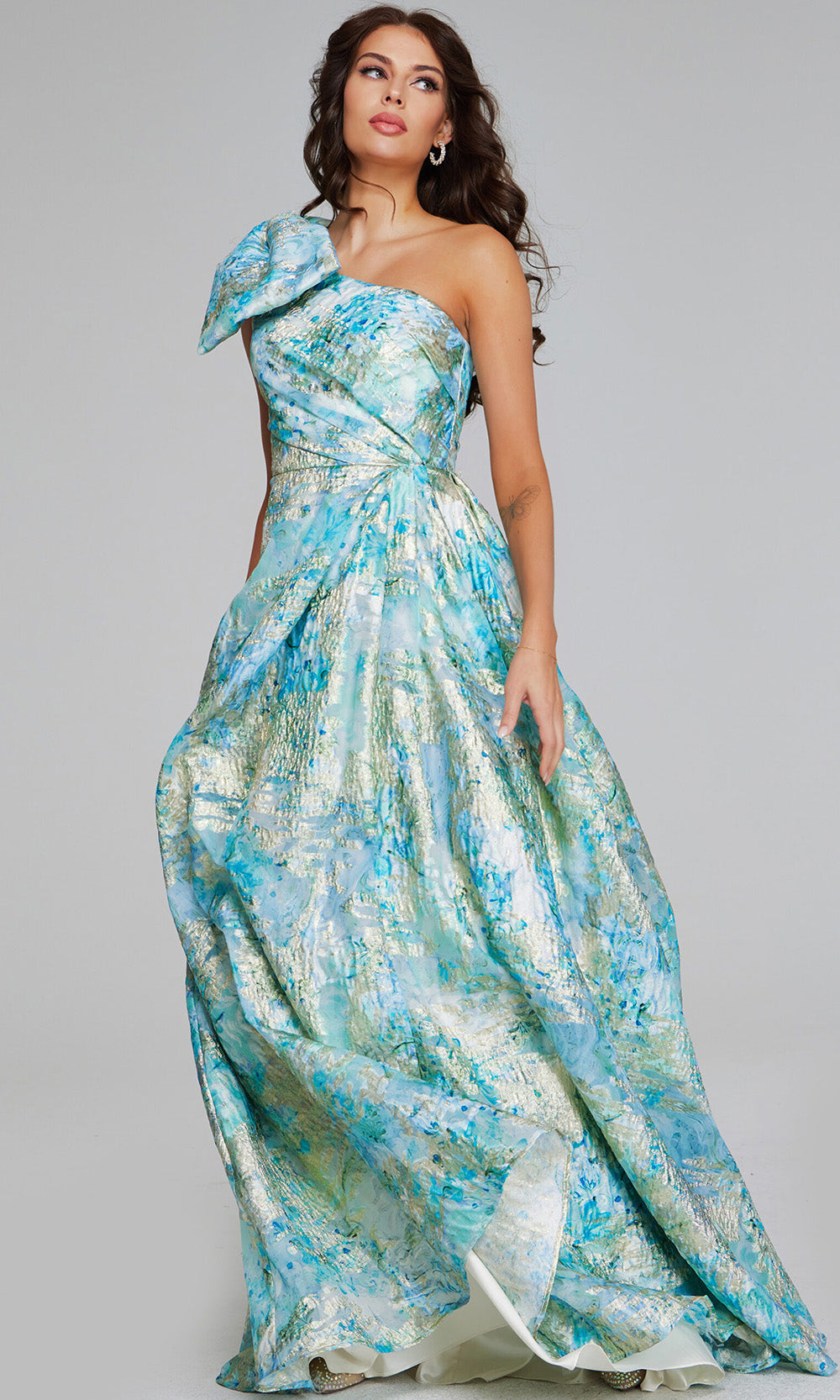 Jovani 40317 - Bow Appliqued One Shoulder Metallic Gown - back view