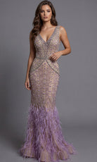 Jovani 40620 - Beaded V-Neck Feather Hem Gown - designer prom dress at Silhouette Dresses