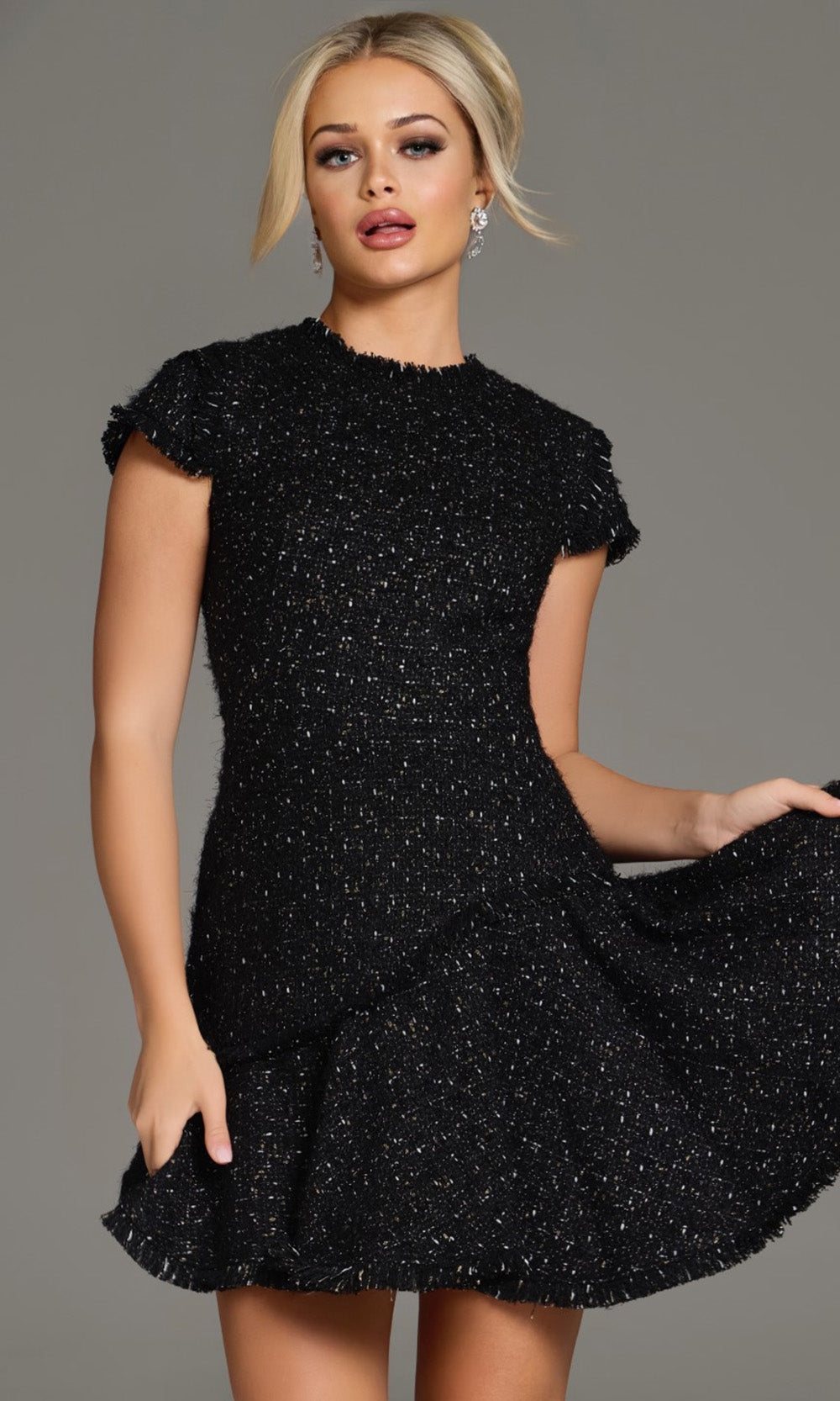 Jovani 40659 - Cap Sleeve Tweed Layered Short Dress - designer cocktail dress at Silhouette Dresses