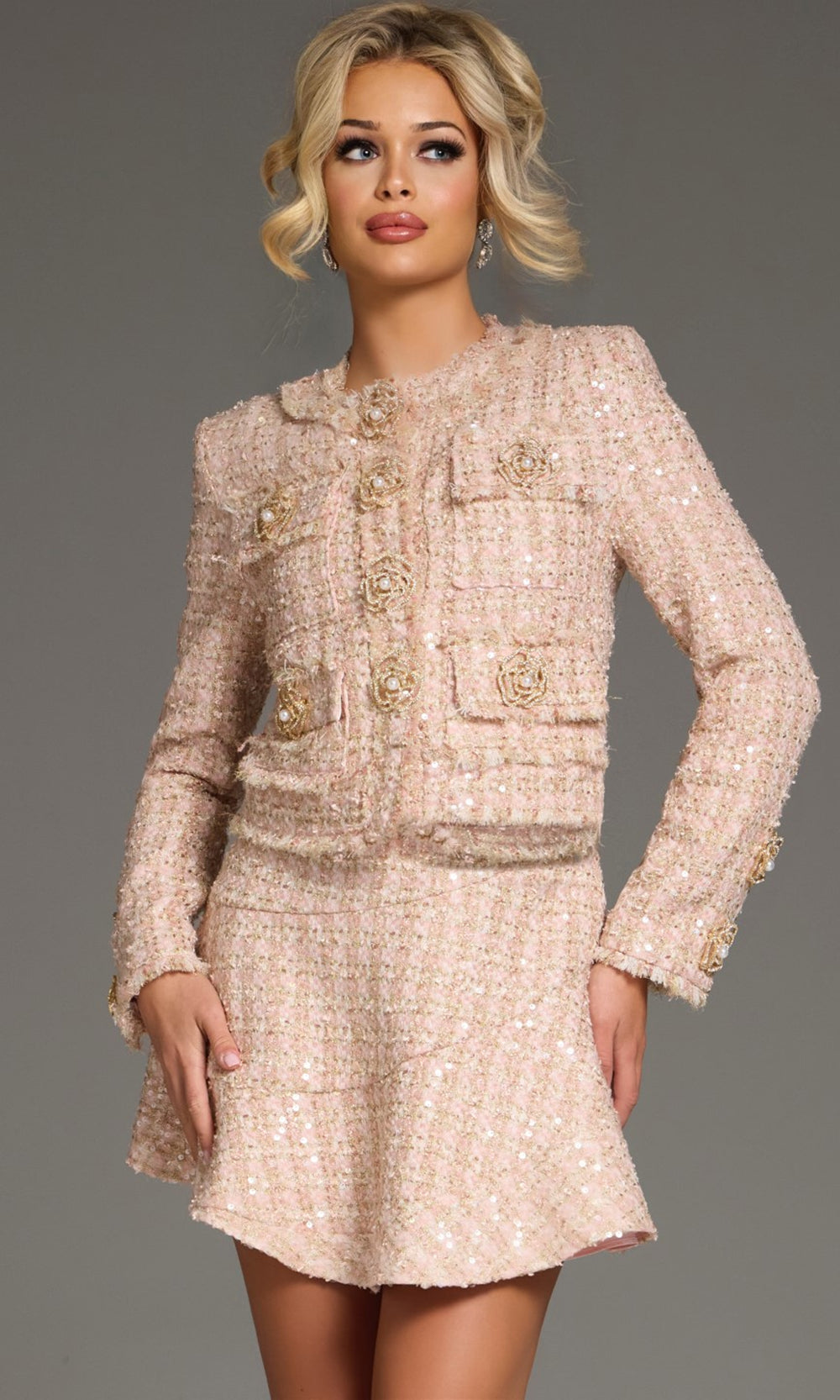 Jovani 40713 - Long Sleeve Tweed Dress with Sequin - back view