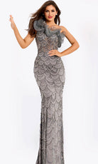 Jovani 40889 - Asymmetric Neck Scallop Beaded Evening Gown - detail view