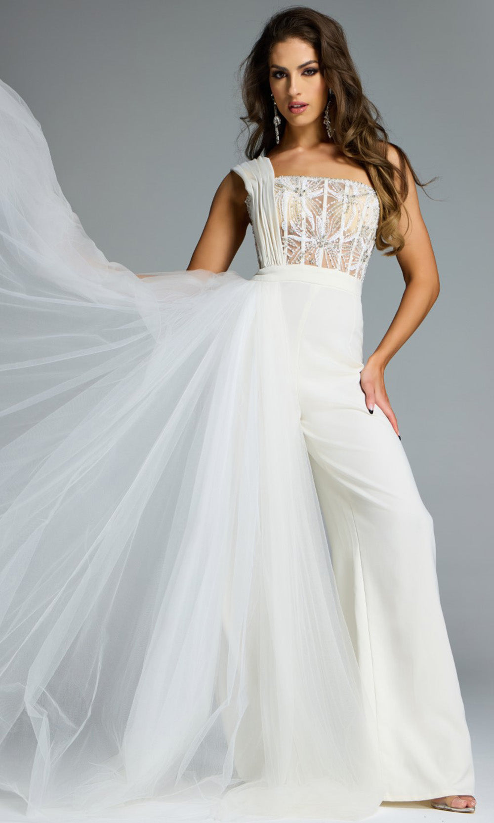 Jovani 40933 - One Shoulder Jumpsuit with Tulle Overlay - detail view