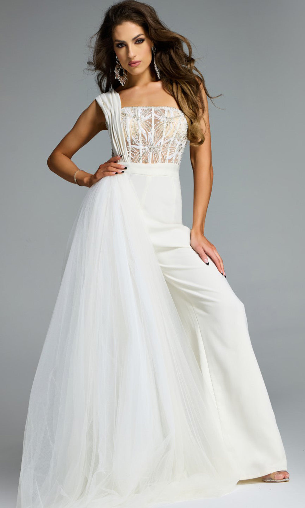 Jovani 40933 - One Shoulder Jumpsuit with Tulle Overlay - designer formal jumpsuit at Silhouette Dresses