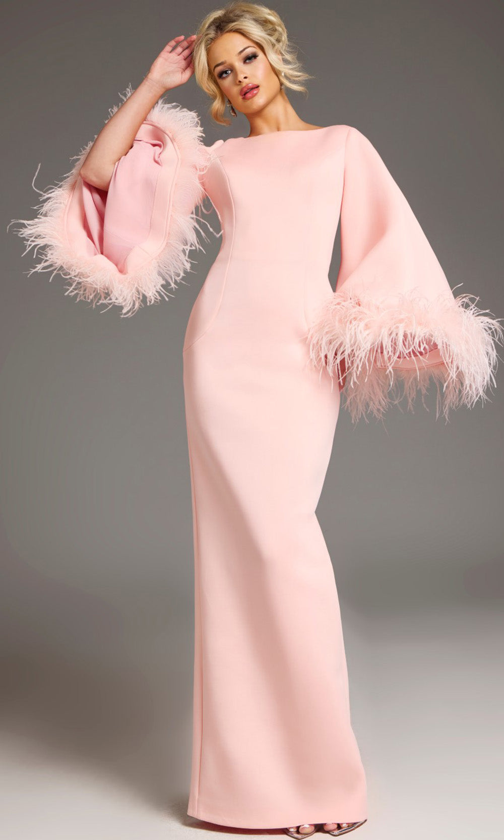Jovani 41077 - Bell Sleeve Column Gown with Feather Trim - back view