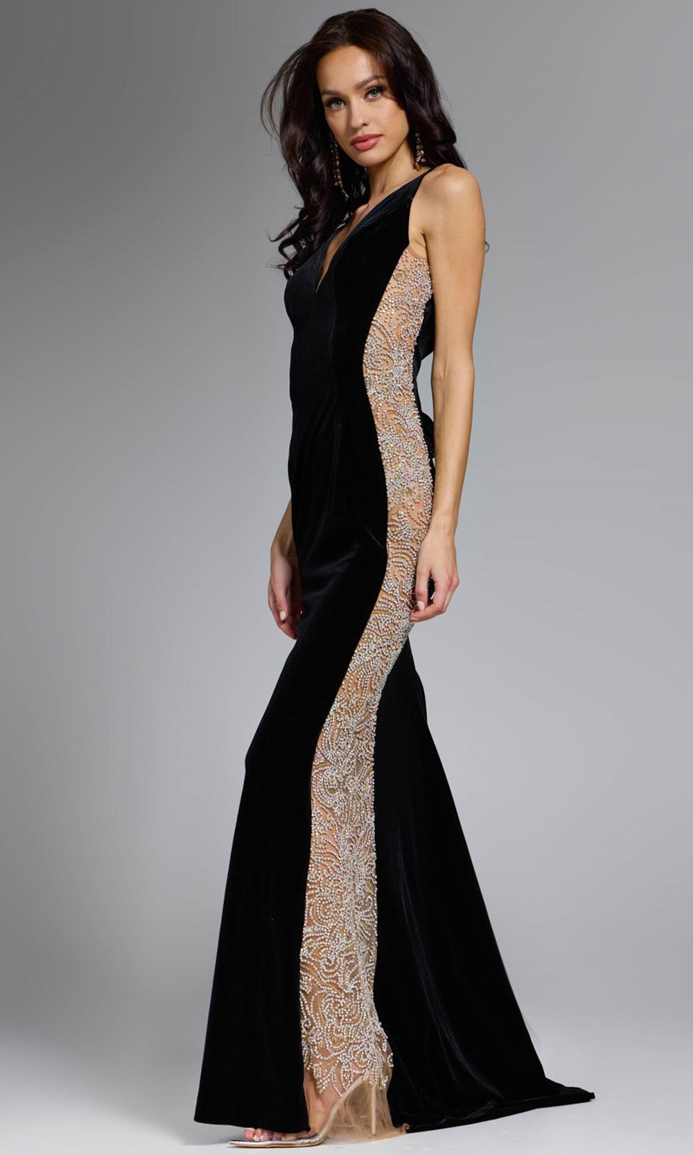 Jovani 42026 - Velvet Beaded Embellished Long Dress - detail view