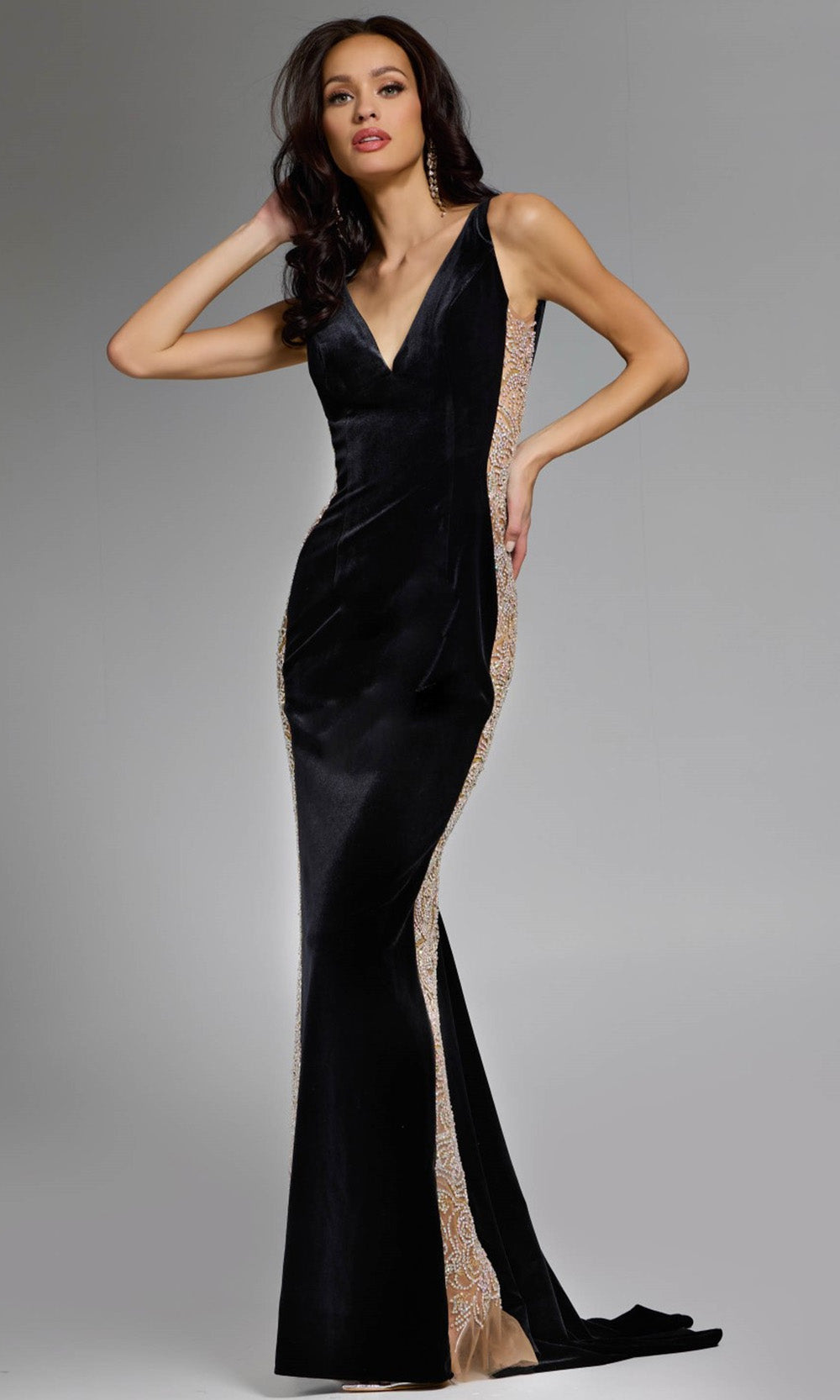 Jovani 42026 - Velvet Beaded Embellished Long Dress - back view