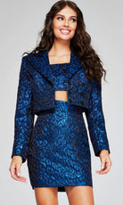 Jovani 42134 - Leopard Brocade Cropped Jacket Mini Dress - designer formal gown at Silhouette Dresses