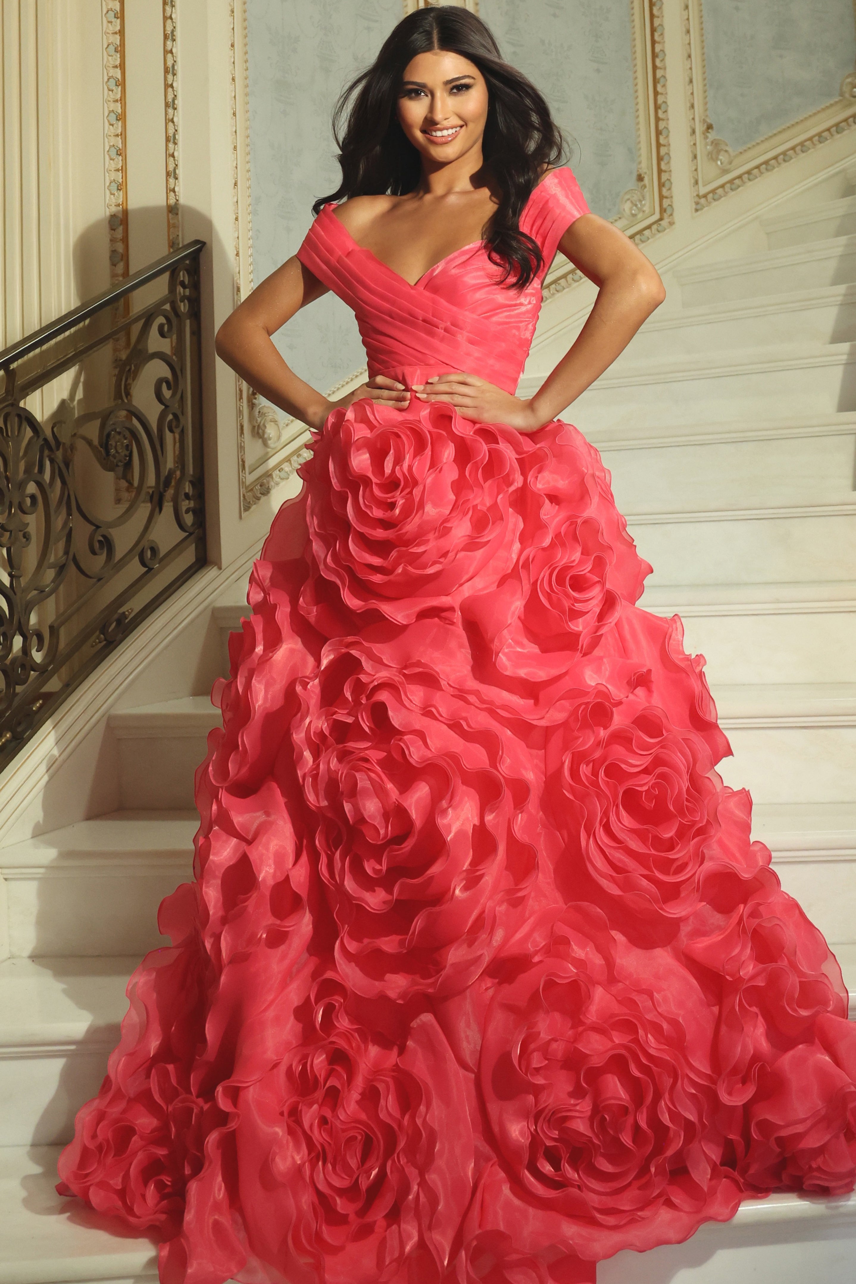 Jovani 42187 - Floral Ruffle Skirt Off Shoulder Organza Gown - designer prom dress at Silhouette Dresses