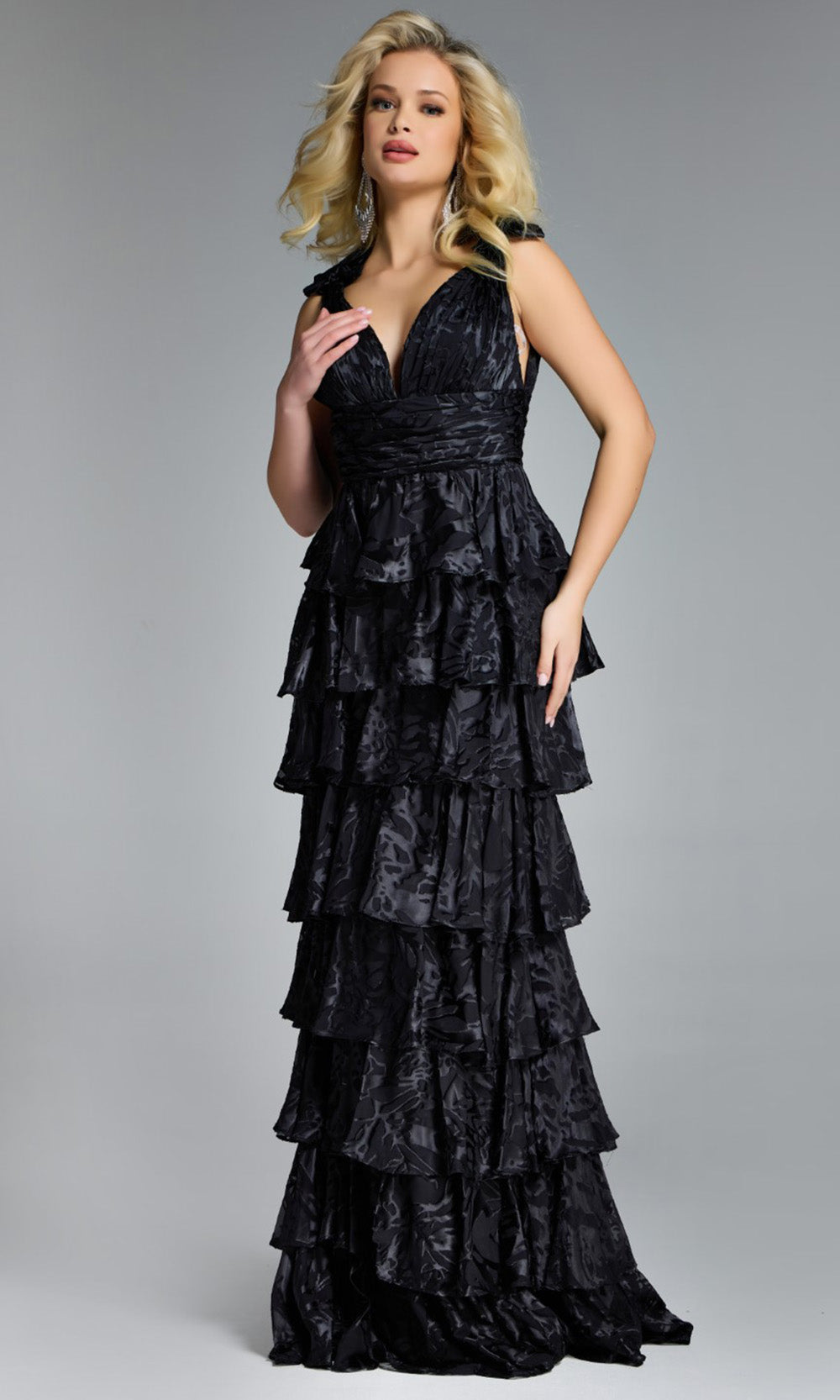 Jovani 42380 - Tiered Ruffle Deep V-Neck Evening Gown - back view
