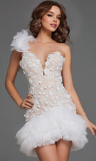 Jovani 42536 - Floral Applique Ruffled One Shoulder Dress - detail view