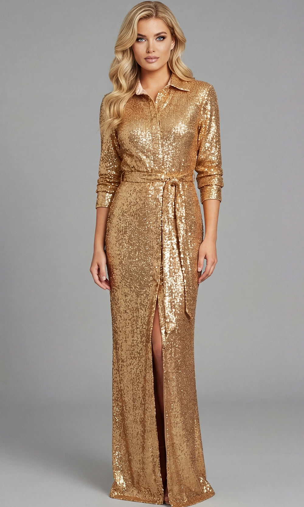 Jovani 42706 - Collared Long Sleeve Sequin Gown with Tie Waist - designer prom dress at Silhouette Dresses