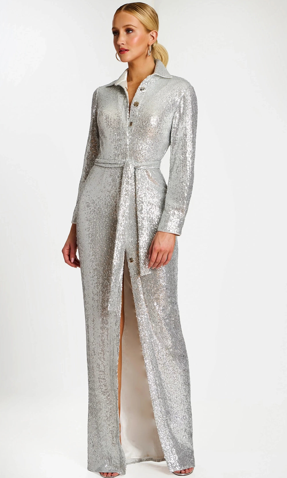Jovani 42706 - Collared Long Sleeve Sequin Gown with Tie Waist - back view
