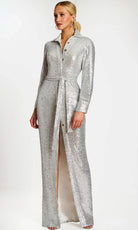 Jovani 42706 - Collared Long Sleeve Sequin Gown with Tie Waist - back view