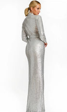 Jovani 42706 - Collared Long Sleeve Sequin Gown with Tie Waist - detail view