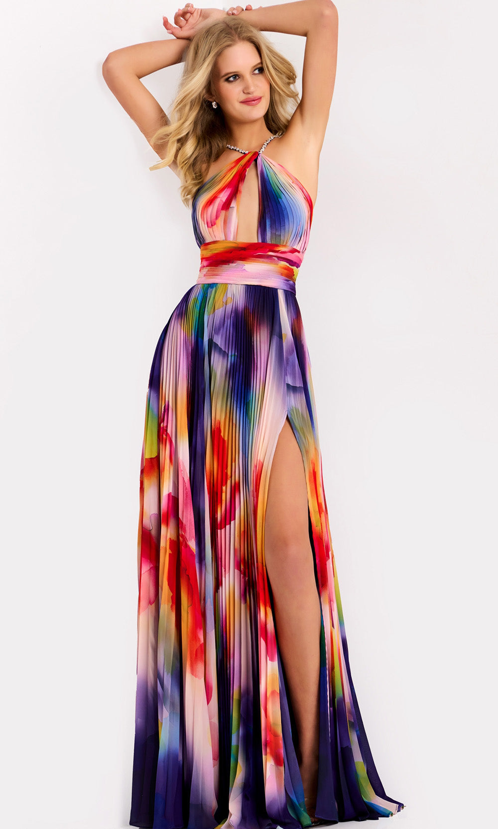 Jovani 42717 - Multicolor Print Pleated A-Line Dress - back view