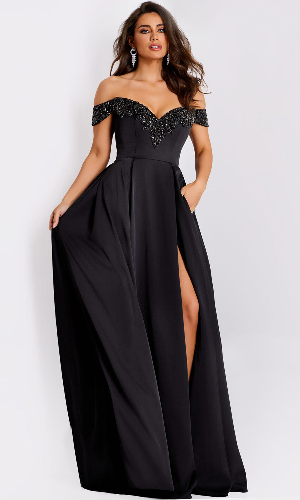 Jovani 42849 - Satin Off Shoulder Pleated A-Line Gown - back view