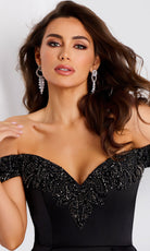 Jovani 42849 - Satin Off Shoulder Pleated A-Line Gown - detail view