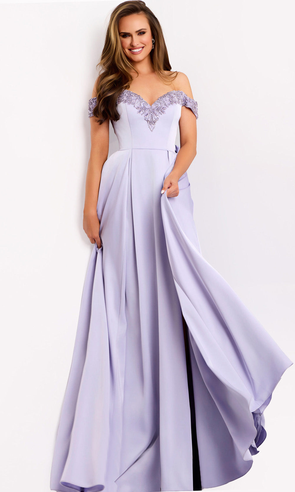 Jovani 42849 - Satin Off Shoulder Pleated A-Line Gown - view 6