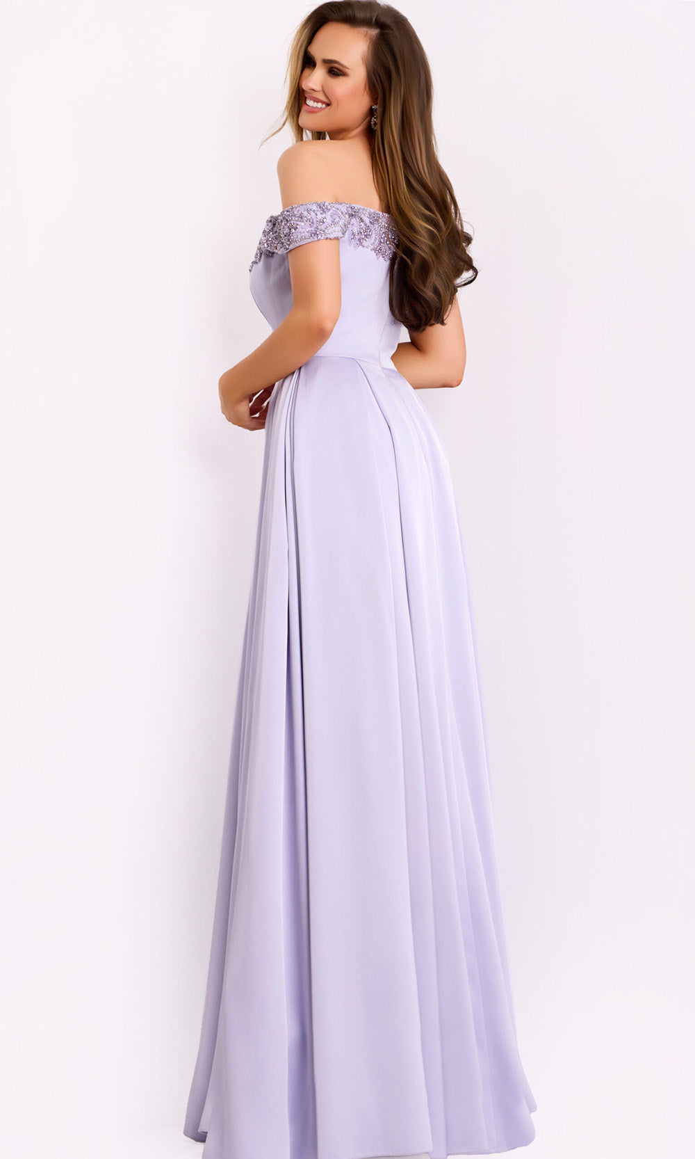 Jovani 42849 - Satin Off Shoulder Pleated A-Line Gown - view 5