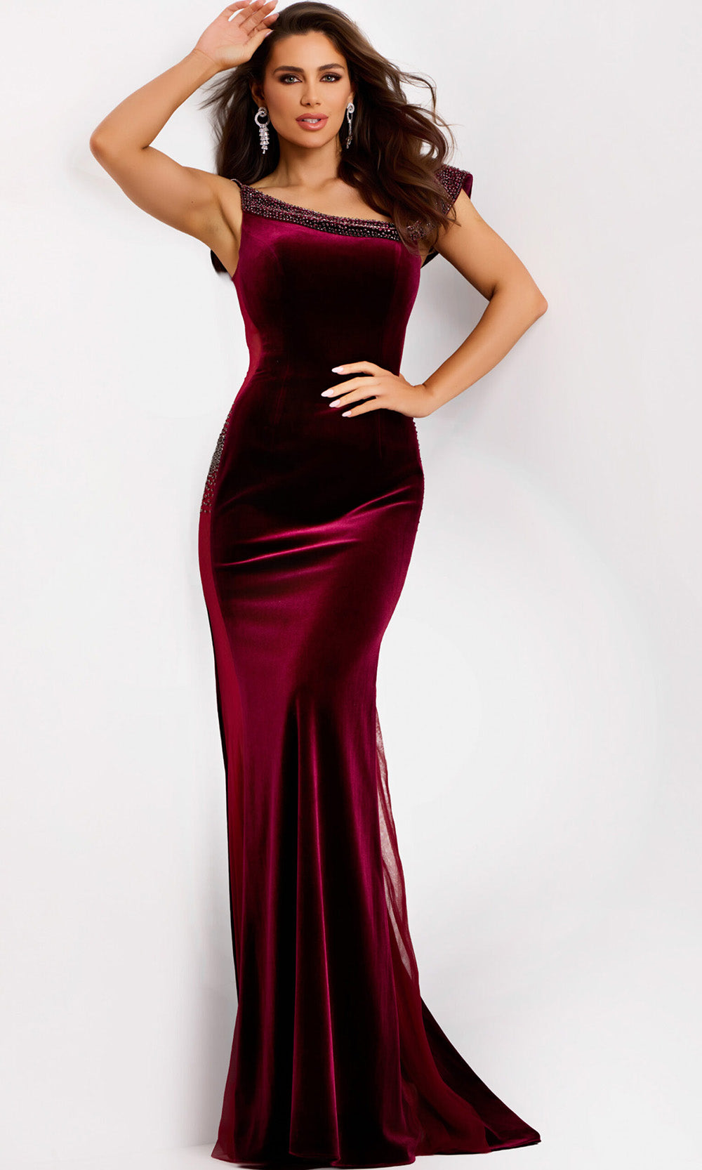 Jovani 42975 - Beaded Accent Velvet Asymmetric Gown - view 5