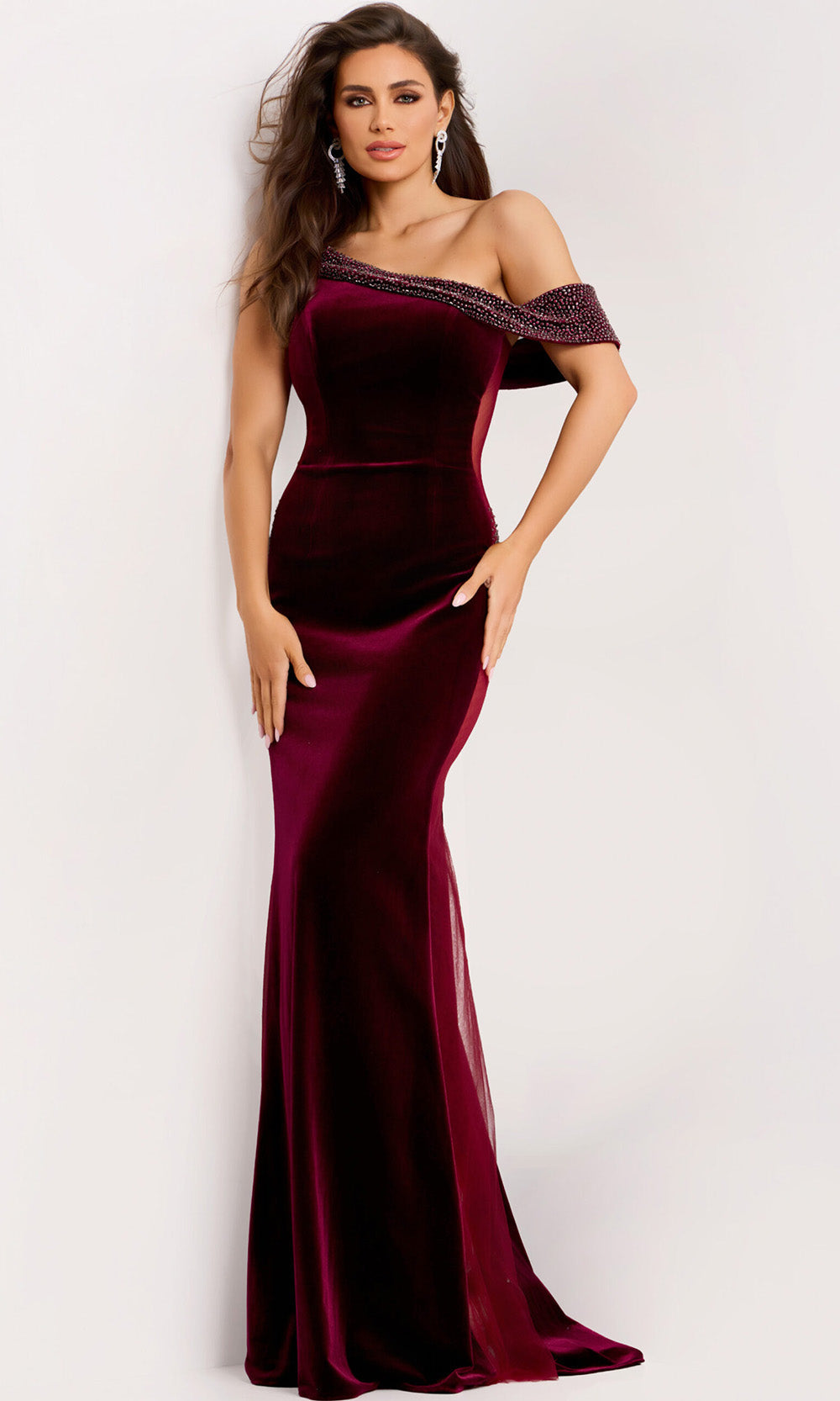 Jovani 42975 - Beaded Accent Velvet Asymmetric Gown - view 7