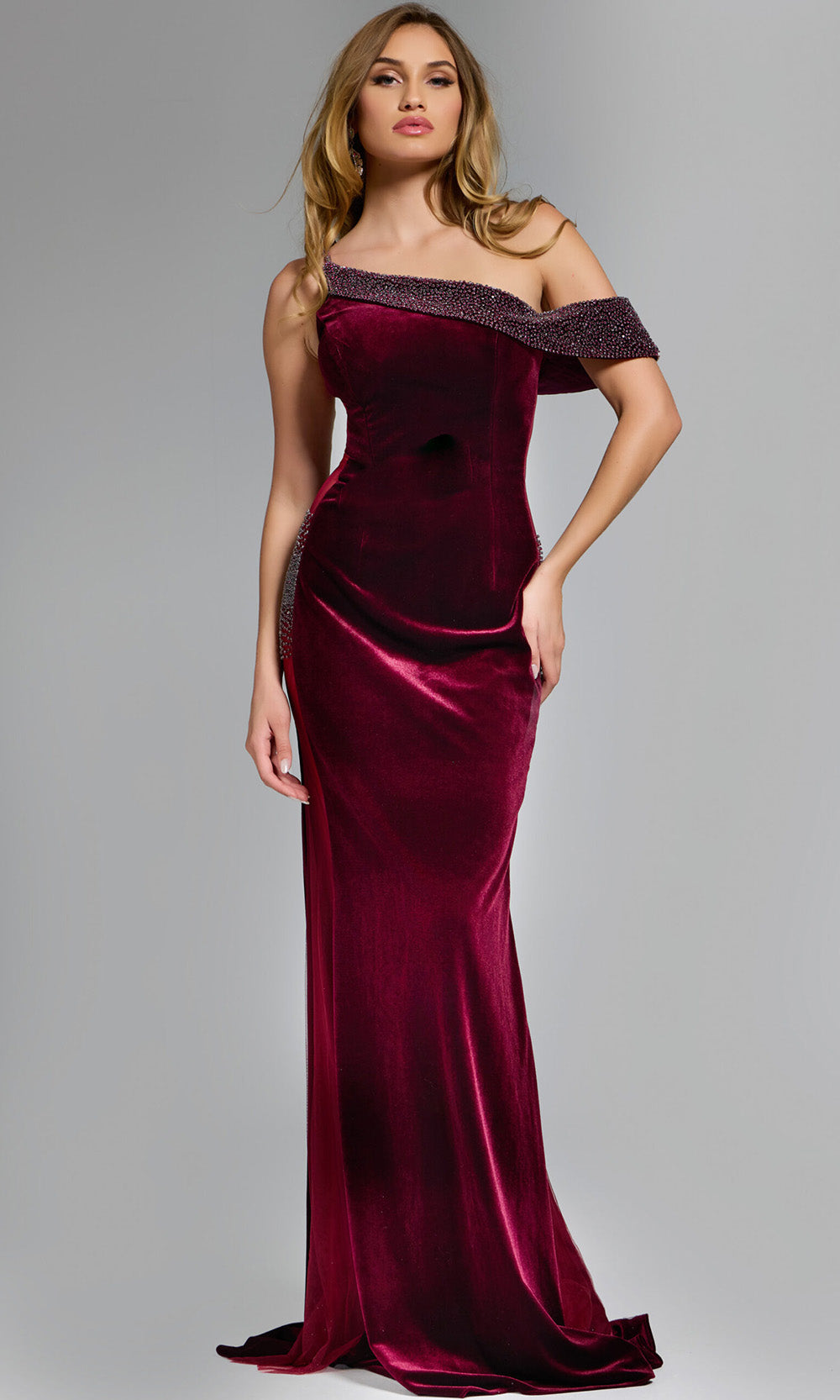 Jovani 42975 - Beaded Accent Velvet Asymmetric Gown - back view
