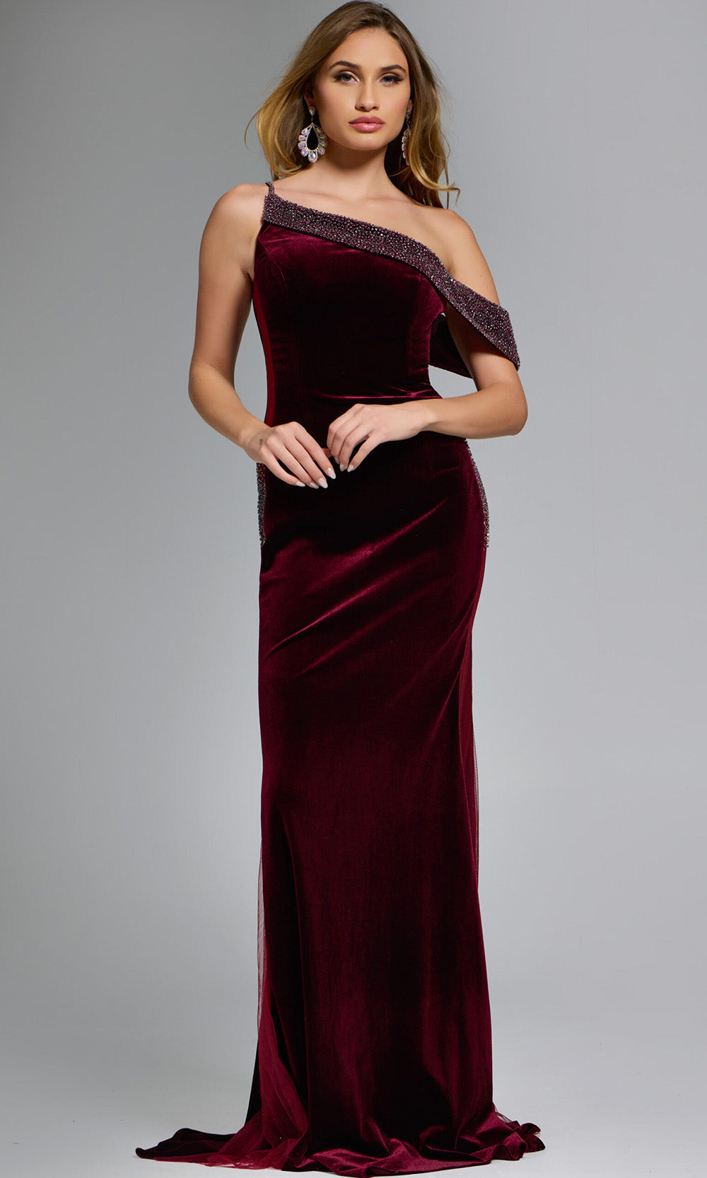 Jovani 42975 - Beaded Accent Velvet Asymmetric Gown - detail view