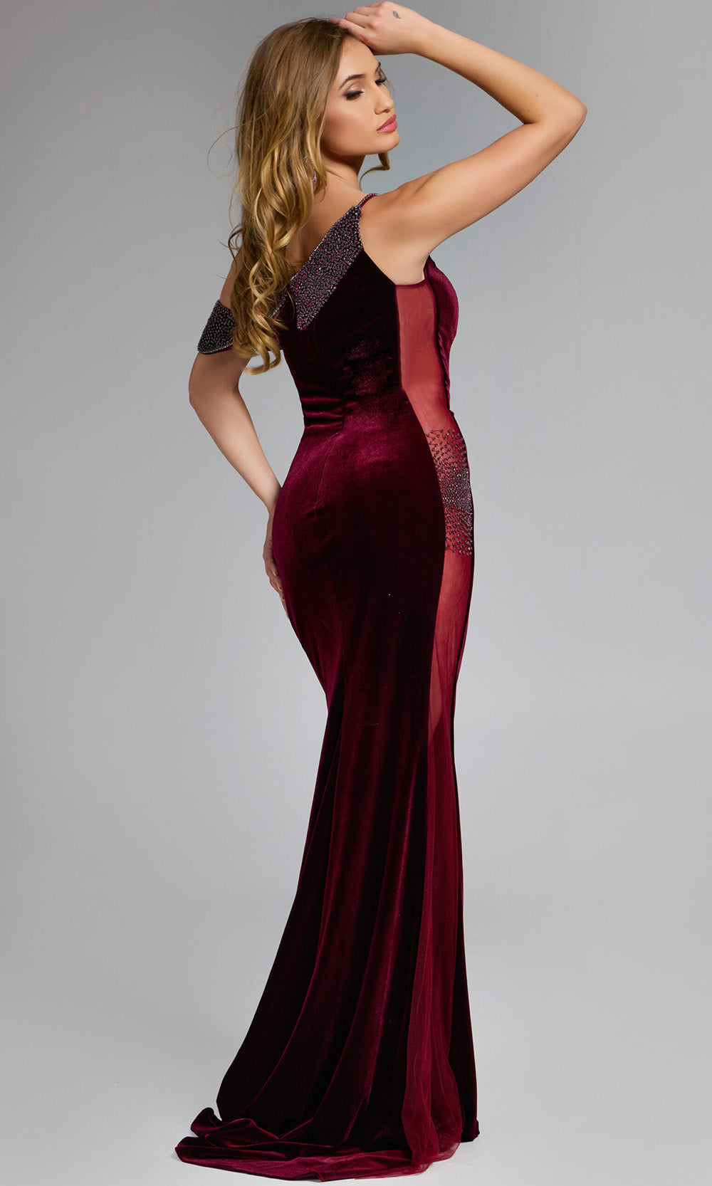 Jovani 42975 - Beaded Accent Velvet Asymmetric Gown - view 4