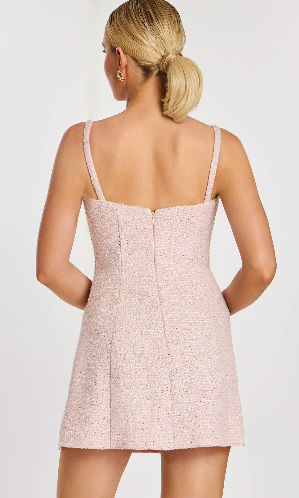 Jovani 43042 - Square Neck Tweed Dress with Rosette Detail - back view