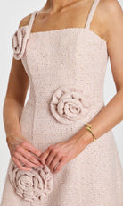 Jovani 43042 - Square Neck Tweed Dress with Rosette Detail - detail view