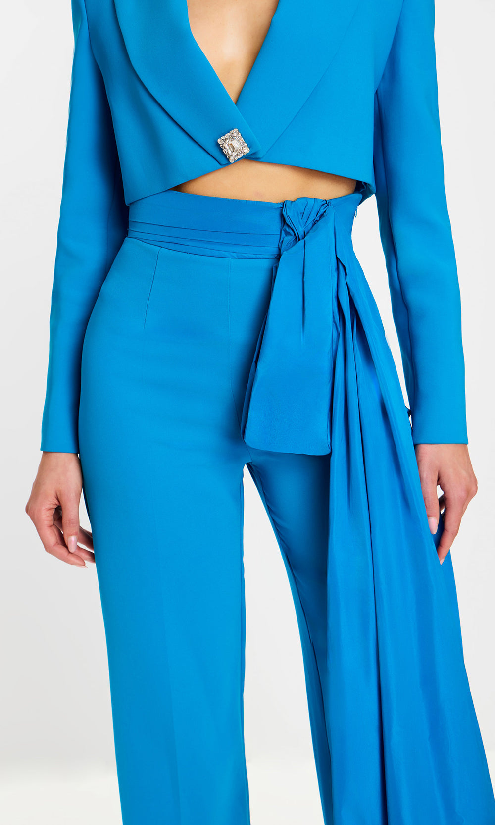 Jovani 43139 - Cropped Blazer Pantsuit with Sash - detail view