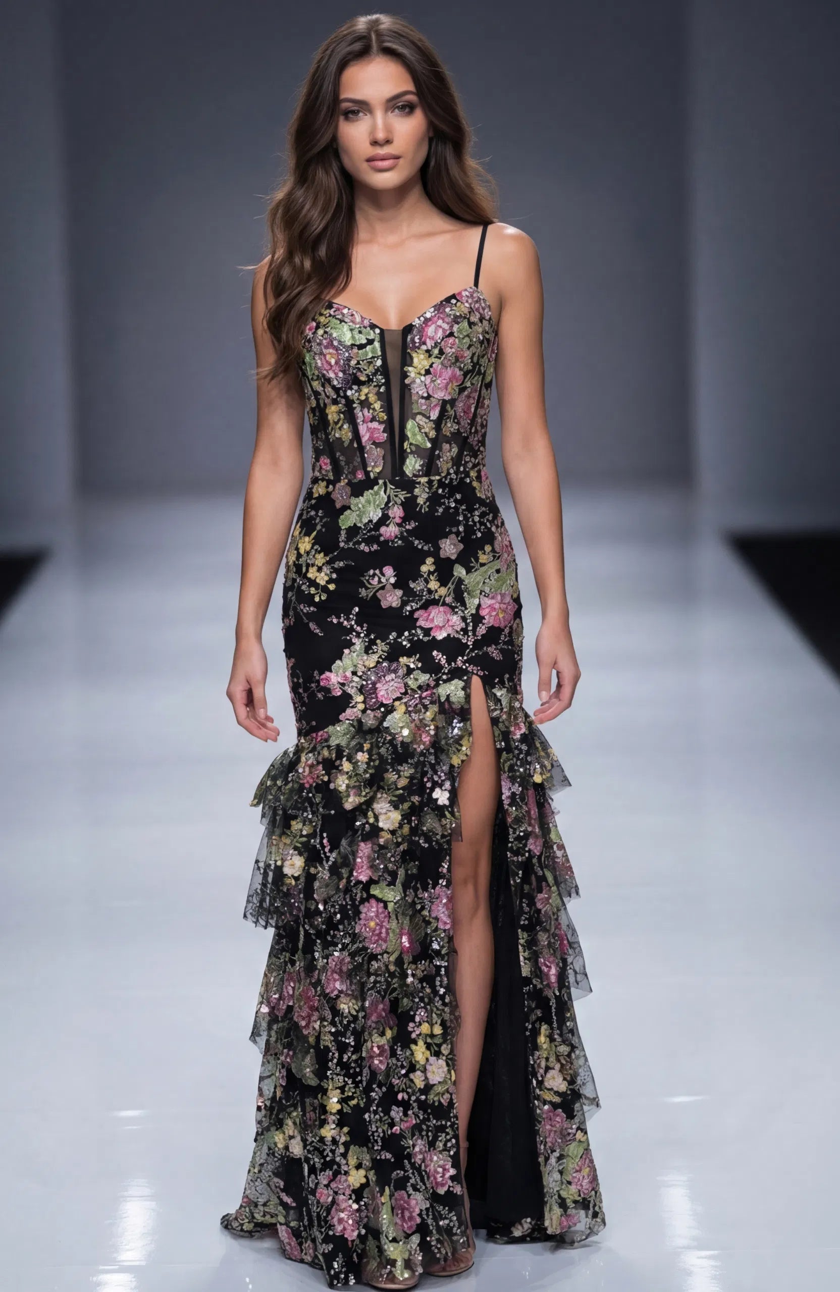Jovani 43172 - Ruffled Detail Floral Printed Prom Gown - view 5