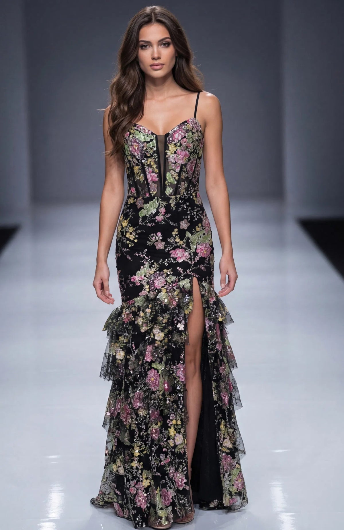 Jovani 43172 - Ruffled Detail Floral Printed Prom Gown - view 5