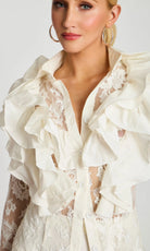 Jovani 43365 - Ruffled Lace V-Neckline Satin Pantsuit - view 4