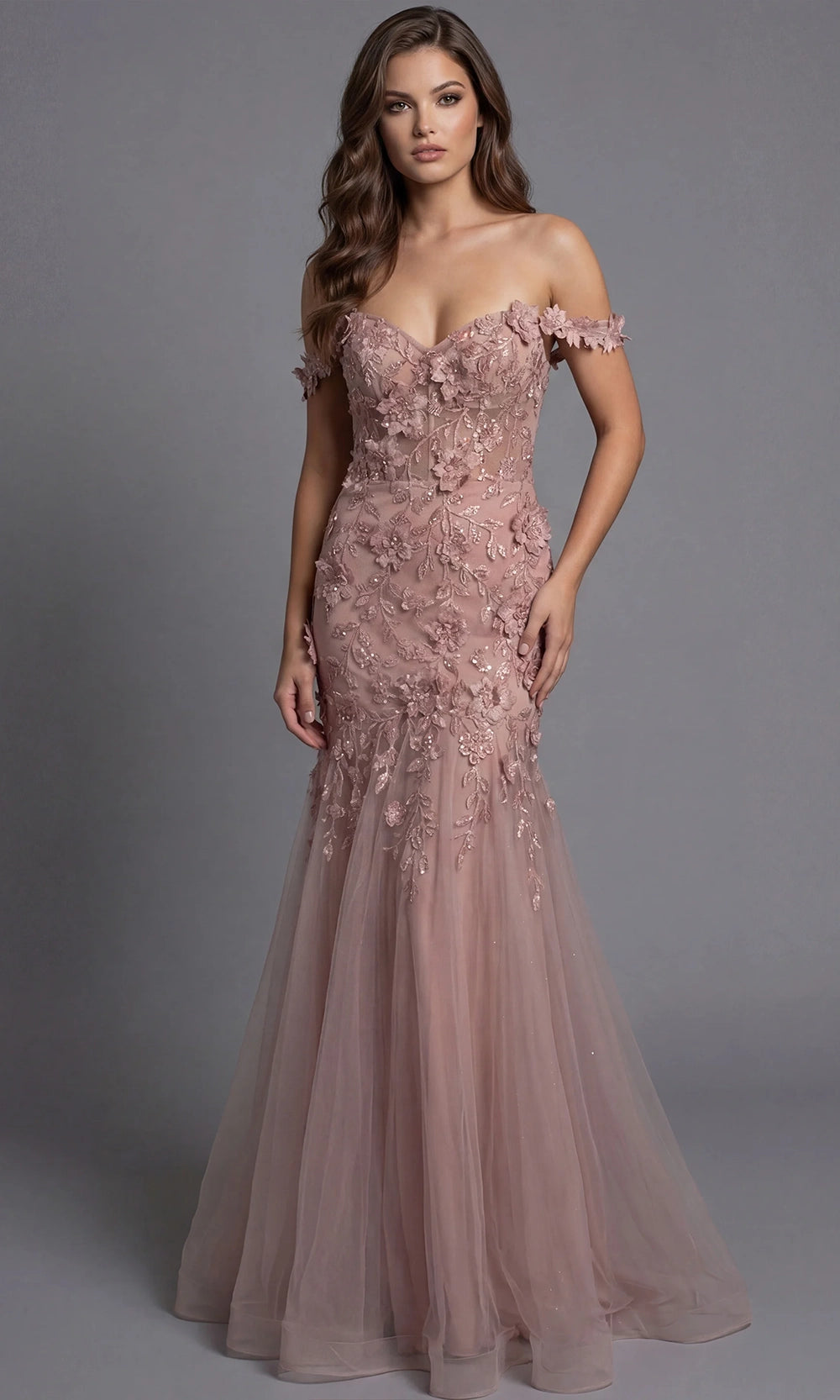 Jovani 43405 - Floral Applique Mermaid Tulle Evening Gown - back view