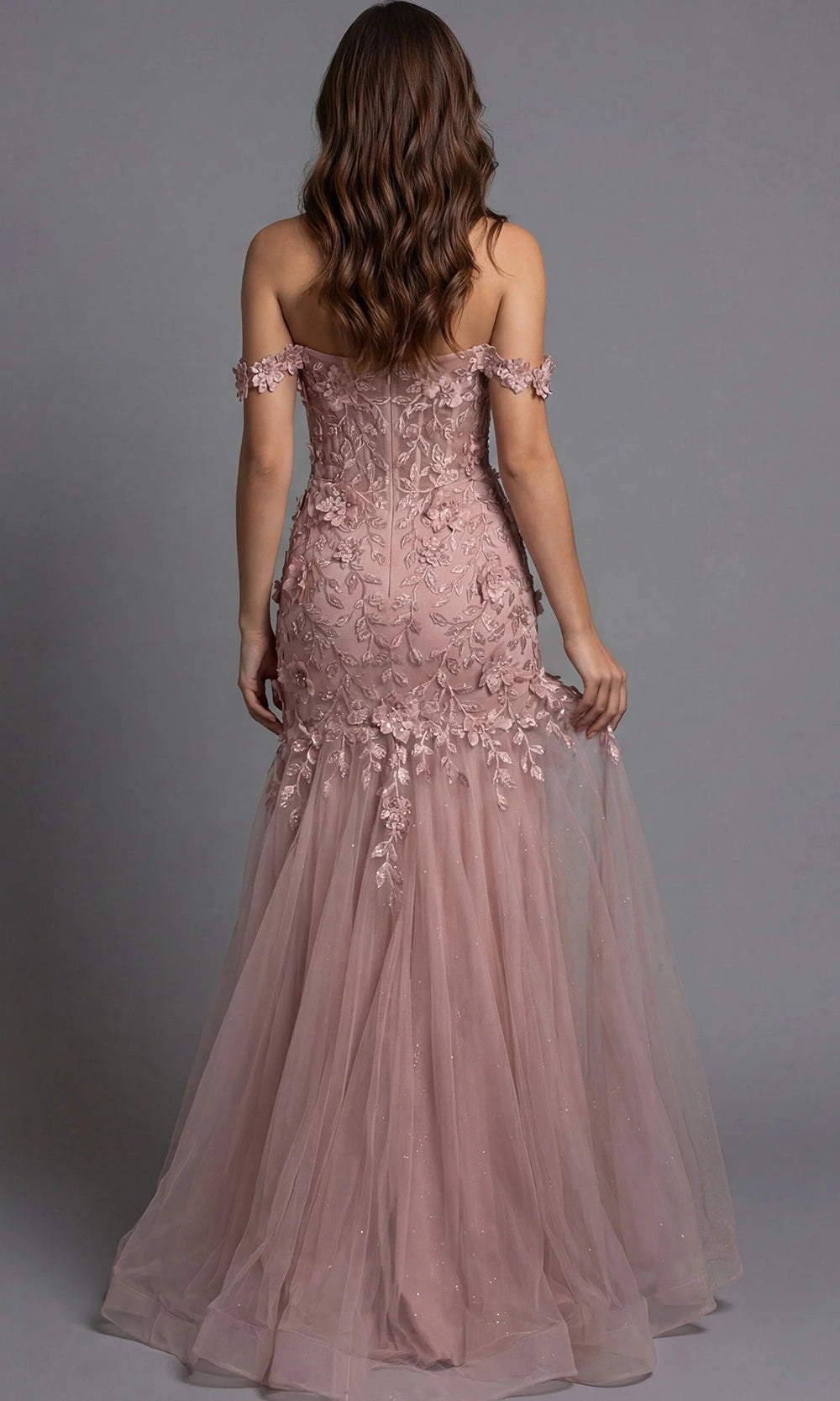 Jovani 43405 - Floral Applique Mermaid Tulle Evening Gown - detail view
