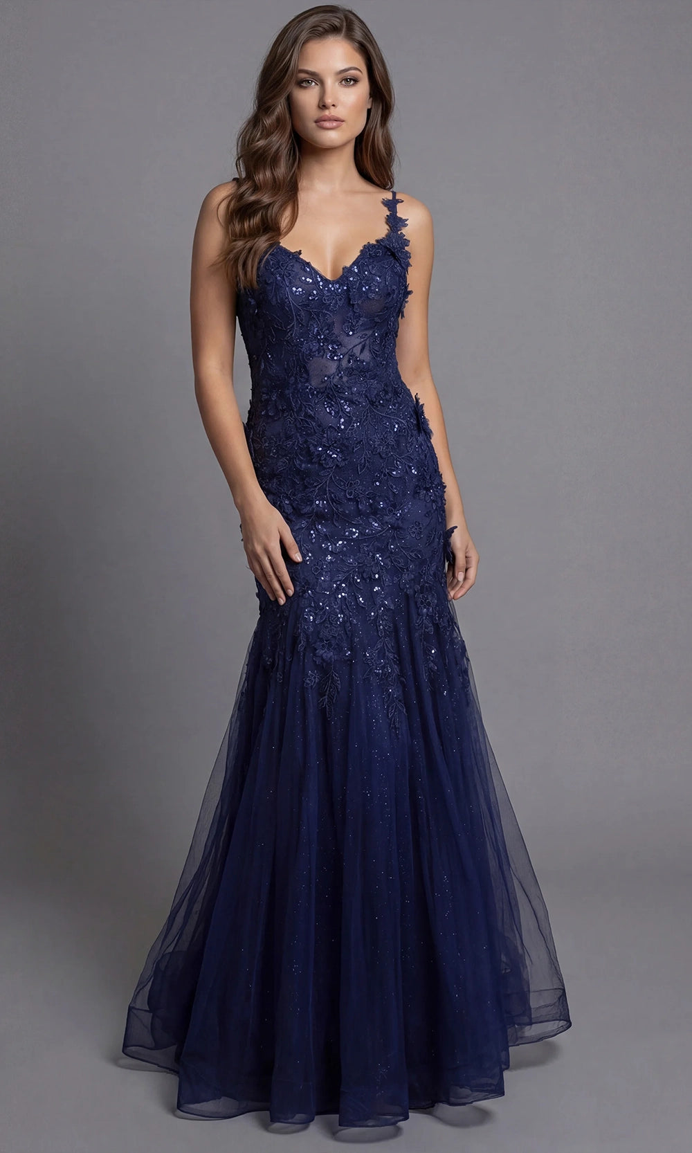Jovani 43405 - Floral Applique Mermaid Tulle Evening Gown - designer prom dress at Silhouette Dresses