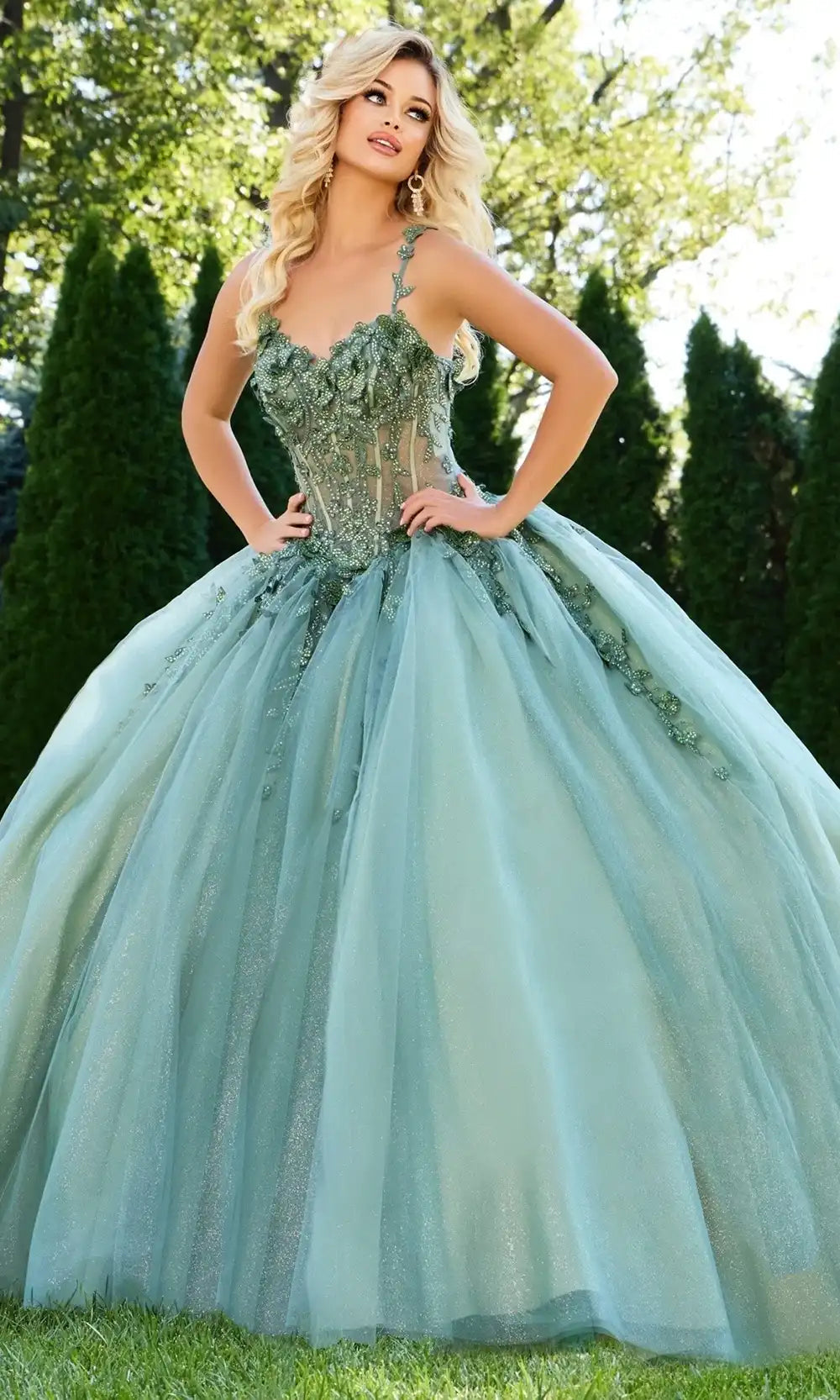 Jovani Q43437 - Beaded Lace Sweetheart Tulle Ballgown - detail view