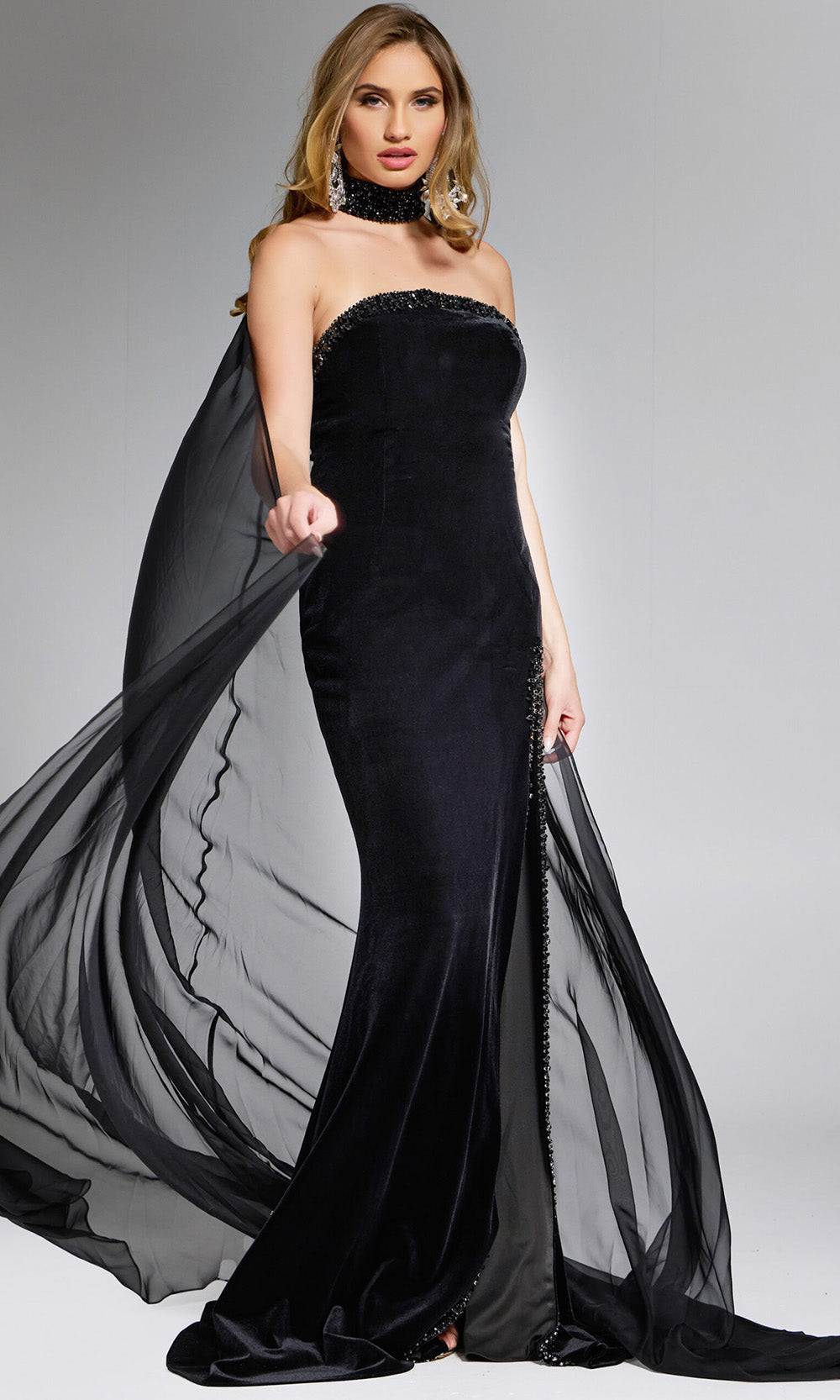 Jovani 43659 - Strapless Velvet Gown with Choker Cape - designer prom dress at Silhouette Dresses