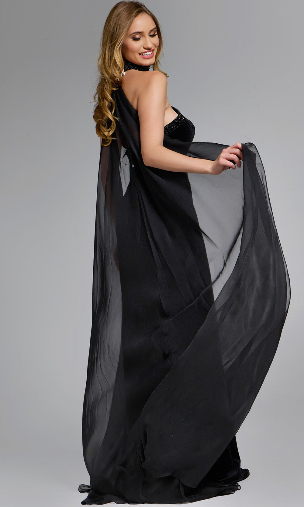 Jovani 43659 - Strapless Velvet Gown with Choker Cape - back view
