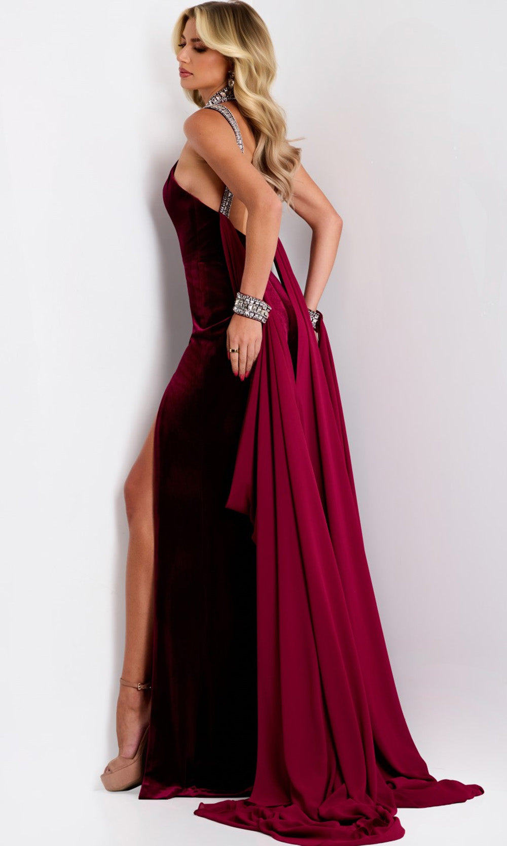 Jovani 43699 - Velvet Halter Gown with Chiffon Overlay - view 4
