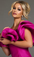 Jovani 43758 - Ruffled Off Shoulder Sheath Dress - back view