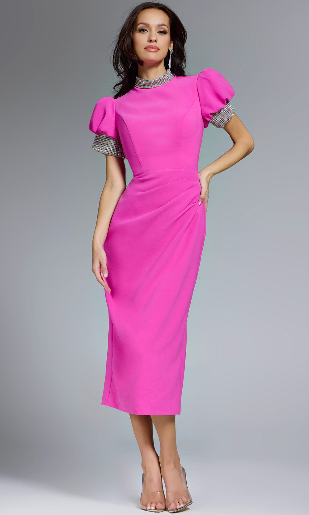 Jovani 43773 - Rhinestone Trim Puff Sleeve Midi Dress - detail view