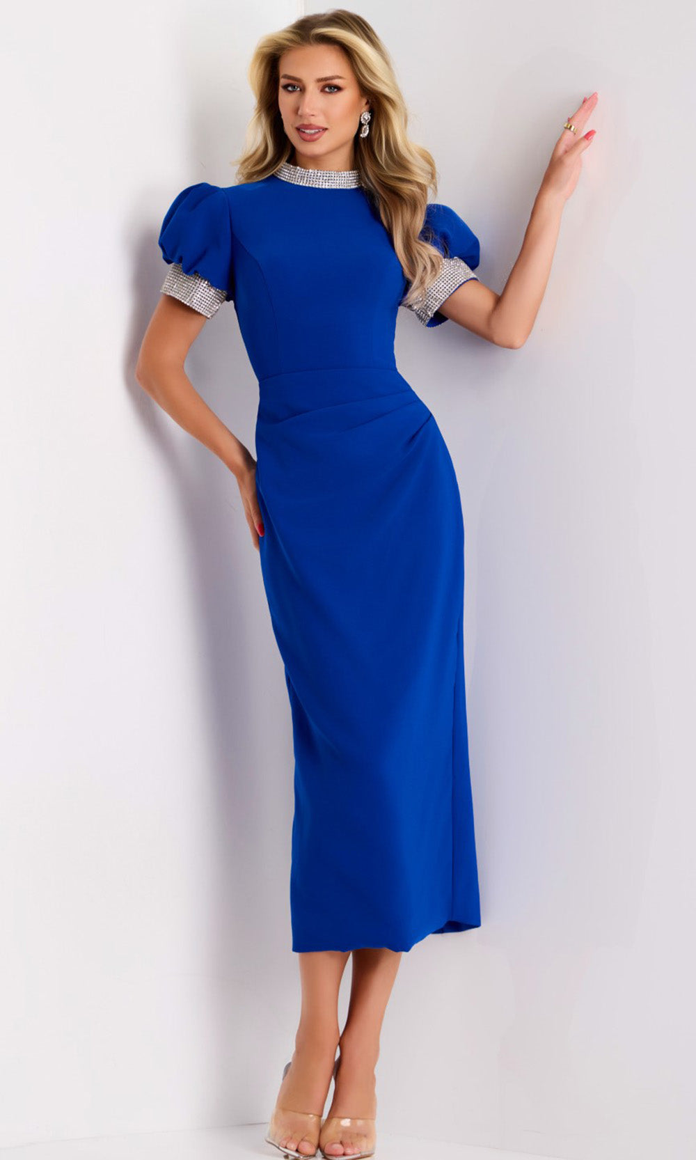 Jovani 43773 - Rhinestone Trim Puff Sleeve Midi Dress - designer homecoming dress at Silhouette Dresses