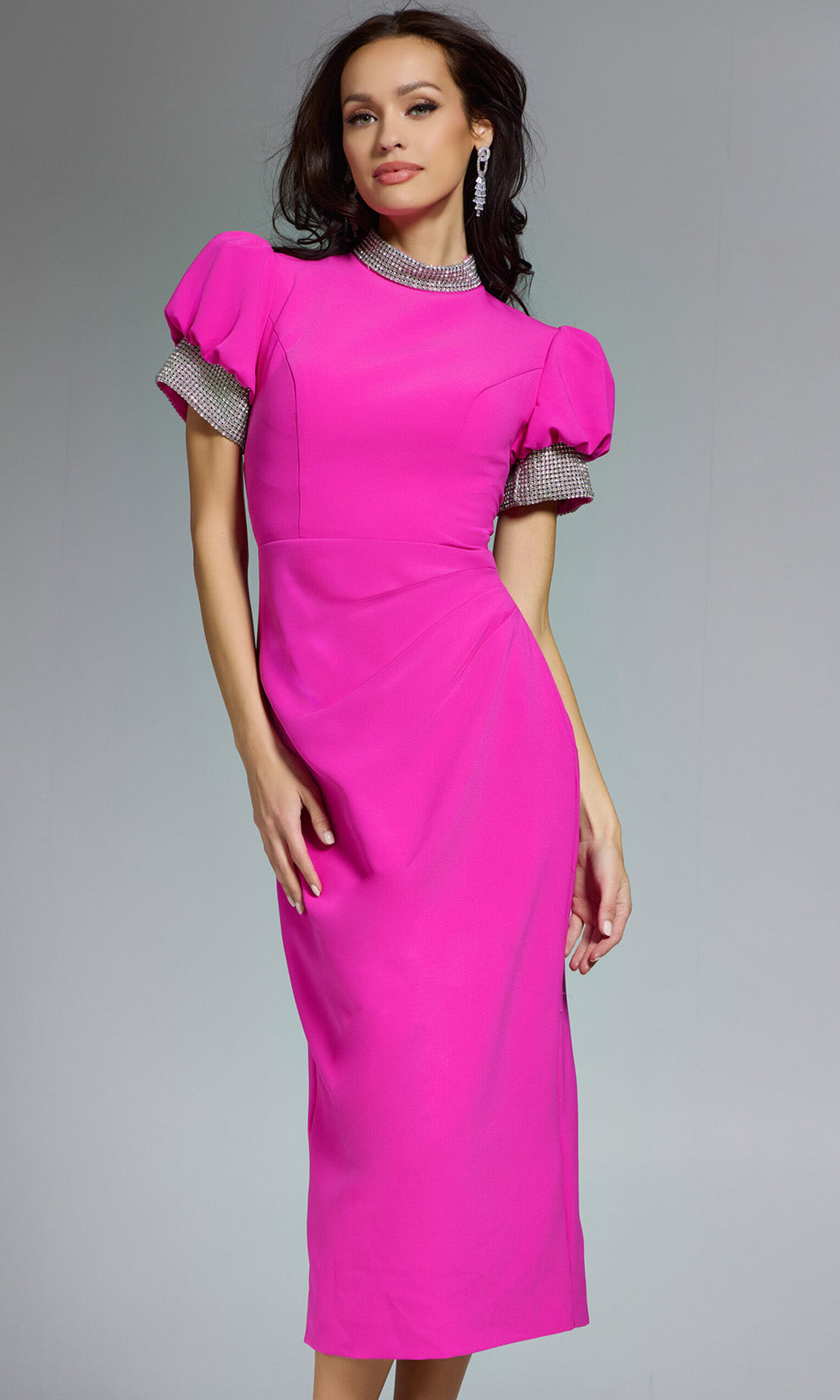 Jovani 43773 - Rhinestone Trim Puff Sleeve Midi Dress - view 5